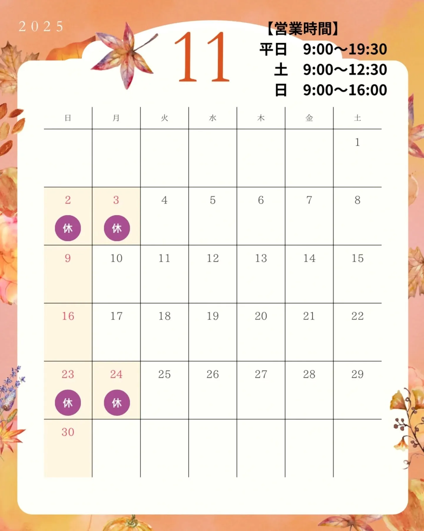 メルズ薬局|11月営業日のお知らせ